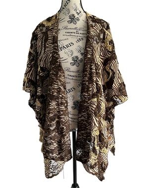 🔻🔻 SALE Vintage Brown Gold Zebra Lace Kimono Cardigan Boho Festival One Size
